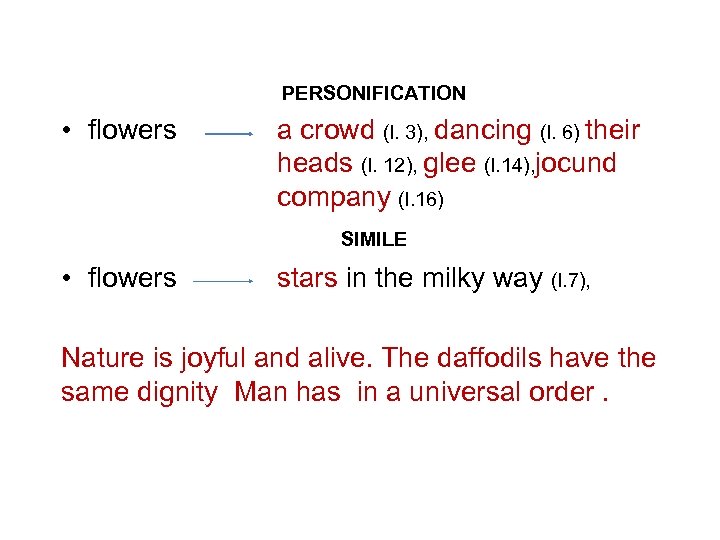 PERSONIFICATION • flowers a crowd (l. 3), dancing (l. 6) their heads (l. 12),
