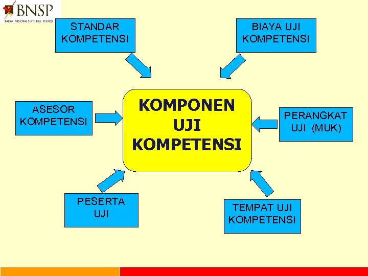 STANDAR KOMPETENSI ASESOR KOMPETENSI PESERTA UJI BIAYA UJI KOMPETENSI KOMPONEN UJI KOMPETENSI PERANGKAT UJI