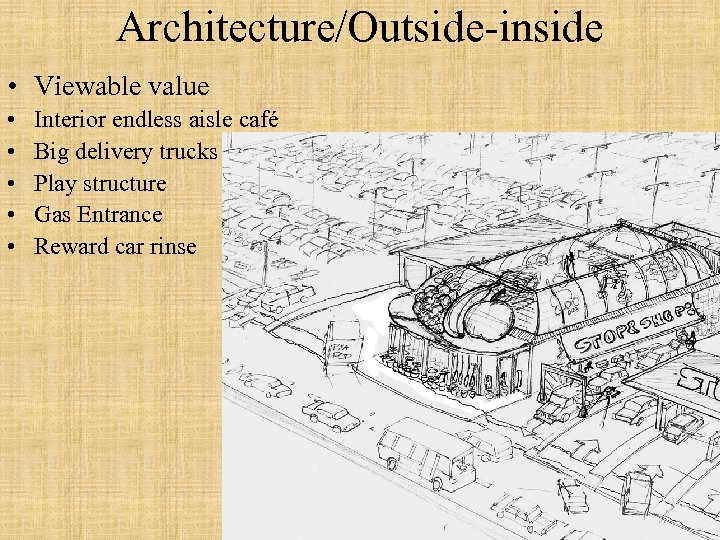 Architecture/Outside-inside • Viewable value • • • Interior endless aisle café Big delivery trucks