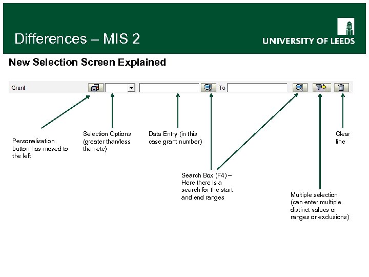 Differences – MIS 2 New Selection Screen Explained Personalisation button has moved to the