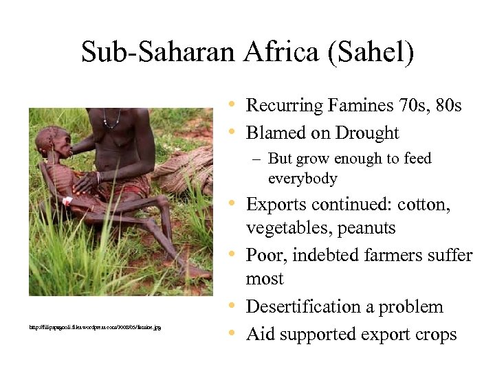 Sub-Saharan Africa (Sahel) • Recurring Famines 70 s, 80 s • Blamed on Drought
