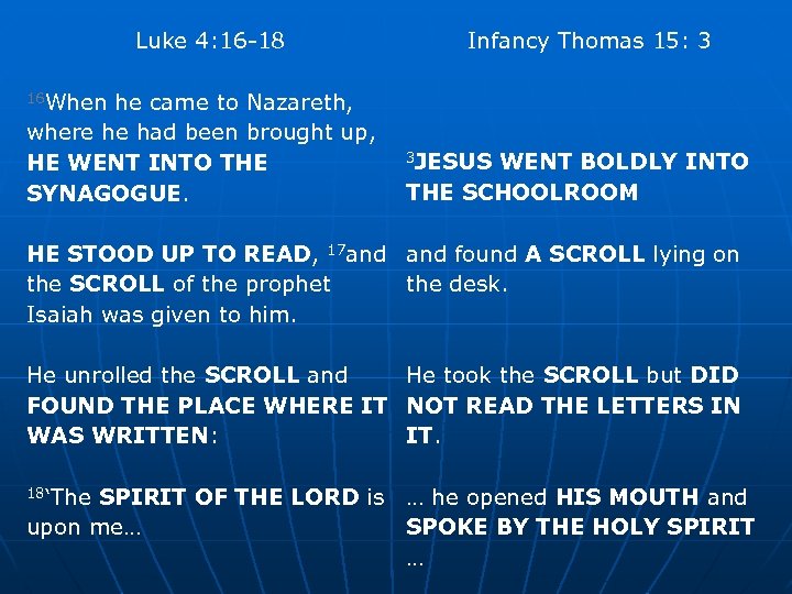 Luke 4: 16 -18 Infancy Thomas 15: 3 16 When he came to Nazareth,