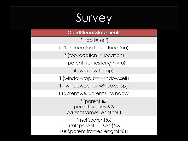 Survey Conditional Statements if (top != self) if (top. location != self. location) if
