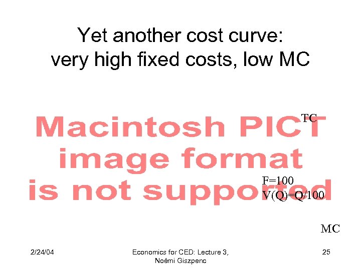 Yet another cost curve: very high fixed costs, low MC TC F=100 V(Q)=Q/100 MC