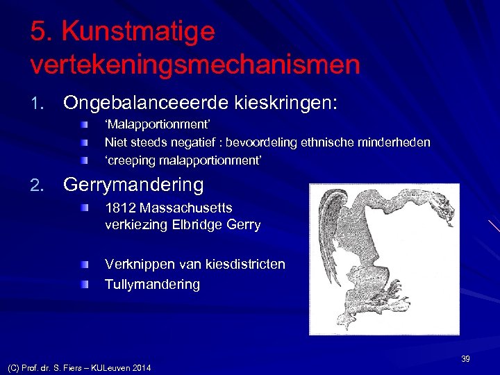 5. Kunstmatige vertekeningsmechanismen 1. Ongebalanceeerde kieskringen: ‘Malapportionment’ Niet steeds negatief : bevoordeling ethnische minderheden