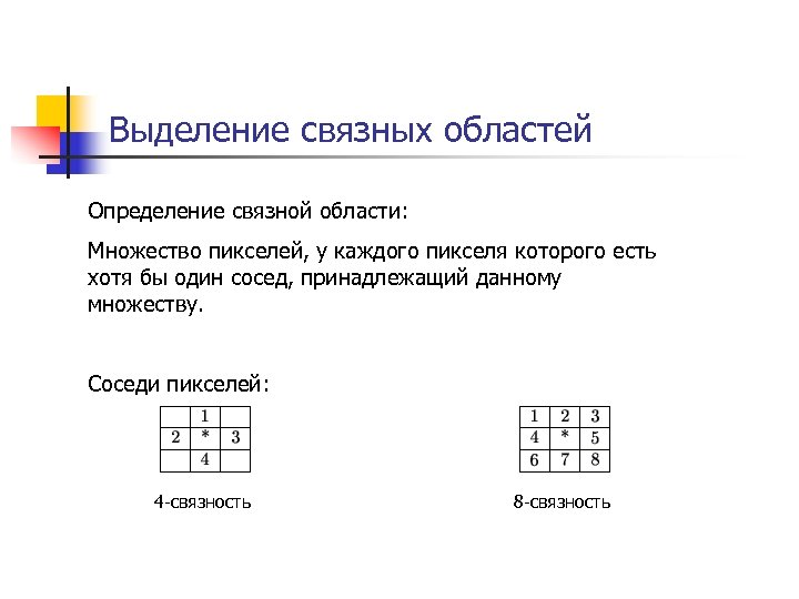 Выделение связных областей Определение связной области: Множество пикселей, у каждого пикселя которого есть хотя