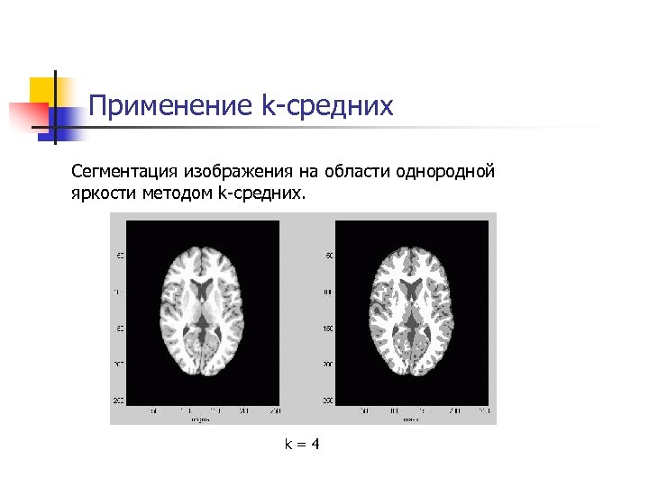 Применение k-средних Сегментация изображения на области однородной яркости методом k-средних. k=4 