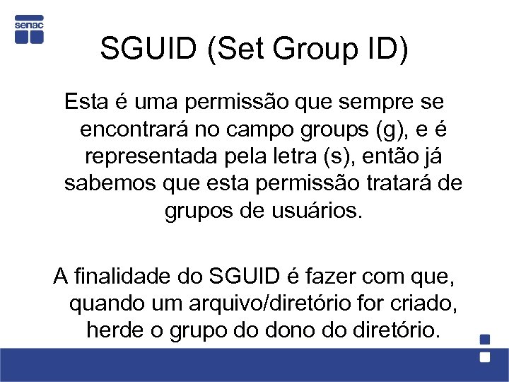 SGUID (Set Group ID) Esta é uma permissão que sempre se encontrará no campo