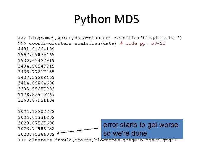 Python MDS >>> blognames, words, data=clusters. readfile('blogdata. txt') >>> coords=clusters. scaledown(data) # code pp.