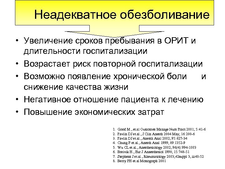 Неадекватное обезболивание • Увеличение сроков пребывания в ОРИТ и длительности госпитализации 1, 2, 3,