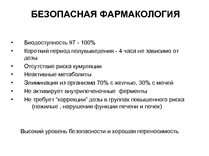 БЕЗОПАСНАЯ ФАРМАКОЛОГИЯ • • Биодоступность 97 - 100% Короткий период полувыведения - 4 часа