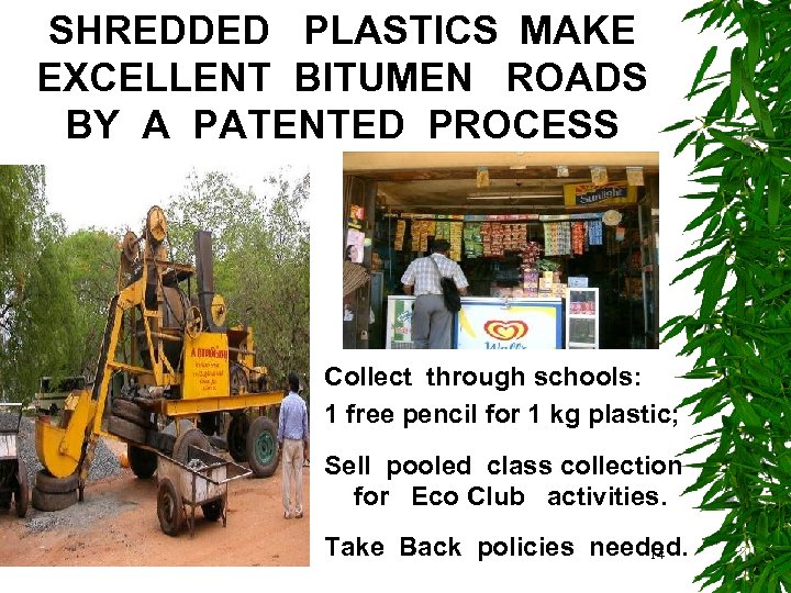 SHREDDED PLASTICS MAKE EXCELLENT BITUMEN ROADS BY A PATENTED PROCESS Collect through schools: 1