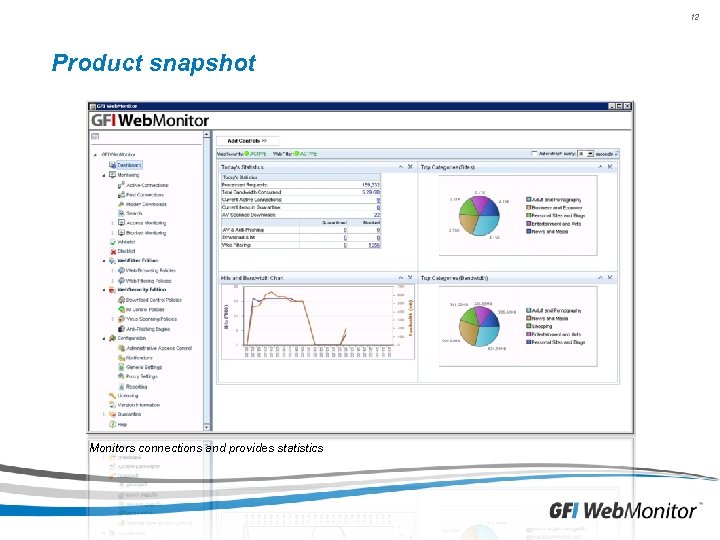 12 Product snapshot Monitors connections and provides statistics 