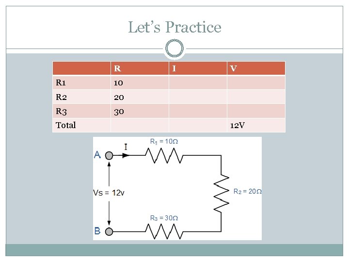 Let’s Practice R R 1 20 R 3 V 10 R 2 I VIR