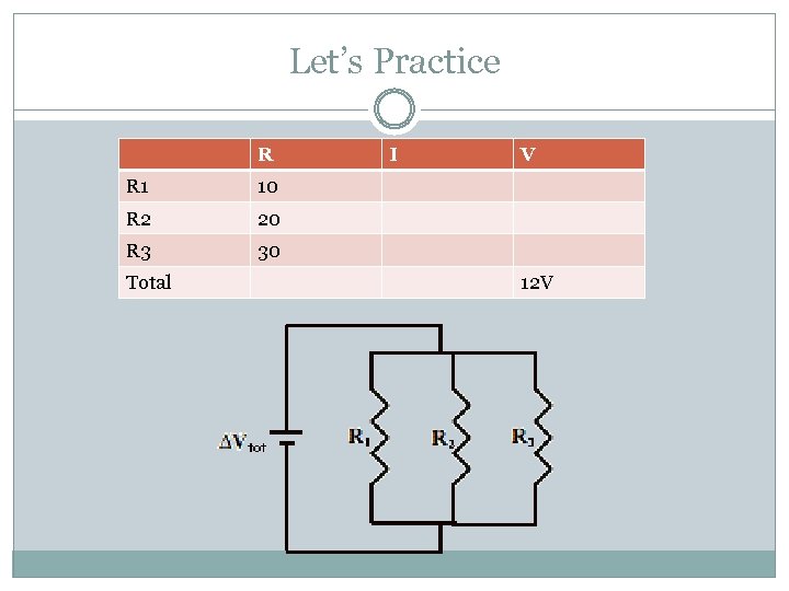 Let’s Practice R R 1 20 R 3 V 10 R 2 I VIR