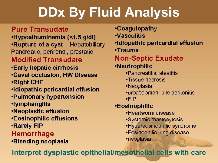 DDx By Fluid Analysis Pure Transudate • Hypoalbuminemia (<1. 5 g/dl) • Rupture of