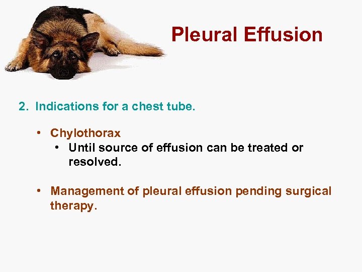 Pleural Effusion 2. Indications for a chest tube. • Chylothorax • Until source of