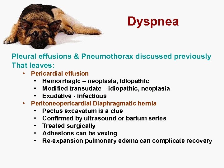 Dyspnea Pleural effusions & Pneumothorax discussed previously That leaves: • Pericardial effusion • Hemorrhagic