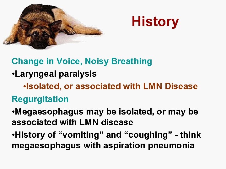 History Change in Voice, Noisy Breathing • Laryngeal paralysis • Isolated, or associated with