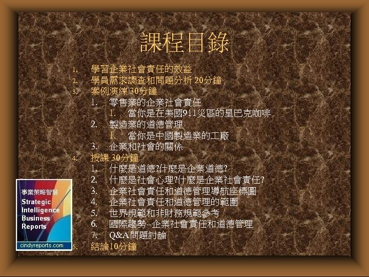 課程目錄 1. 2. 3. 4. 5. 學習企業社會責任的效益 學員需求調查和問題分析 20分鐘 案例演練 30分鐘 1. 零售業的企業社會責任 1.