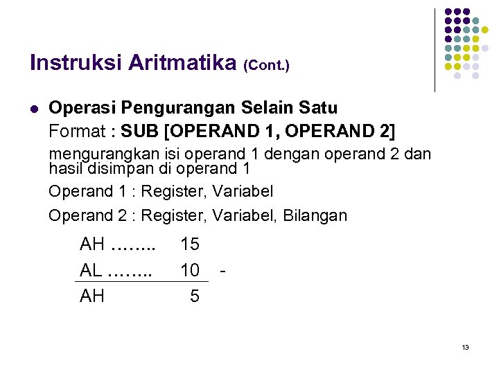 Instruksi Aritmatika (Cont. ) l Operasi Pengurangan Selain Satu Format : SUB [OPERAND 1,