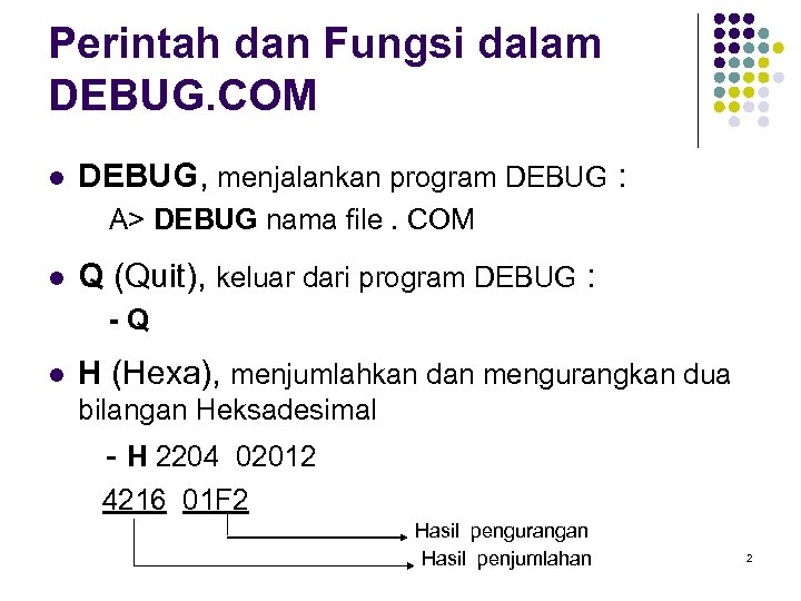 Perintah dan Fungsi dalam DEBUG. COM l DEBUG, menjalankan program DEBUG : A> DEBUG