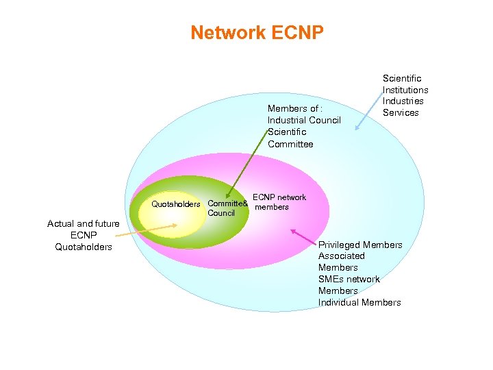 Network ECNP Members of : Industrial Council Scientific Committee Scientific Institutions Industries Services ECNP