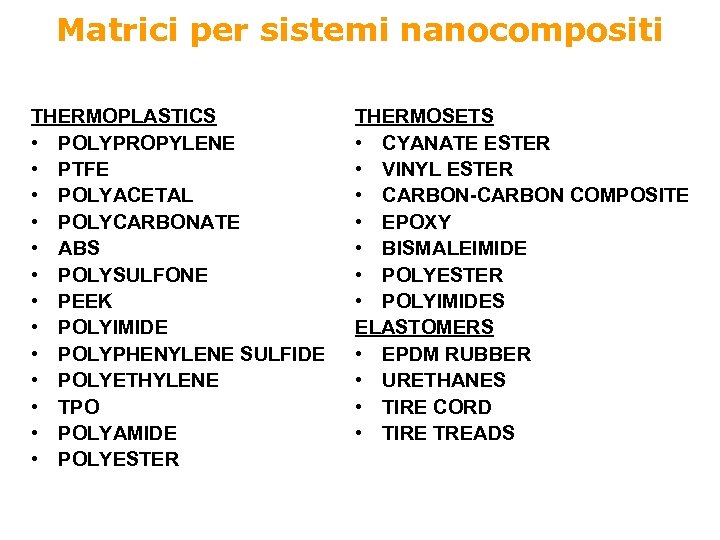 Matrici per sistemi nanocompositi THERMOPLASTICS • POLYPROPYLENE • PTFE • POLYACETAL • POLYCARBONATE •