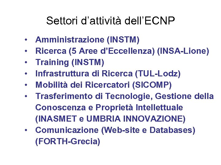 Settori d’attività dell’ECNP • • • Amministrazione (INSTM) Ricerca (5 Aree d’Eccellenza) (INSA-Lione) Training