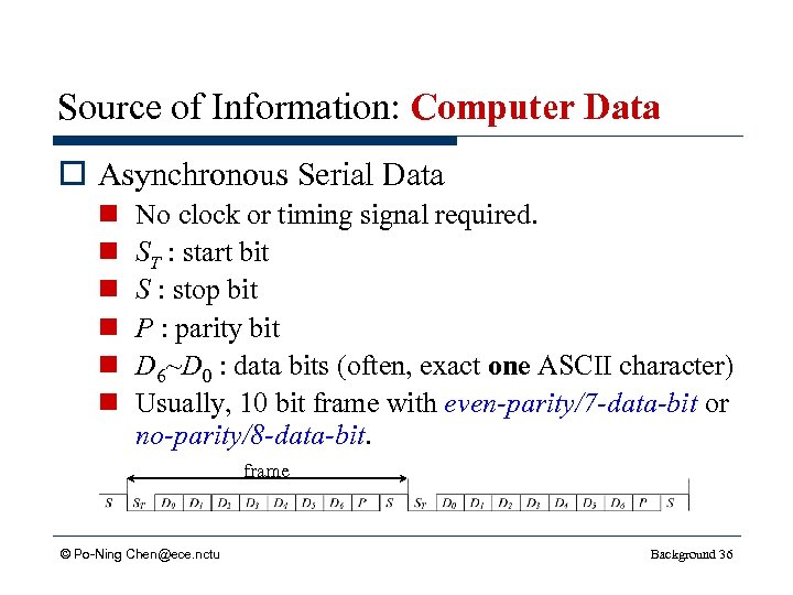 Source of Information: Computer Data o Asynchronous Serial Data n n n No clock