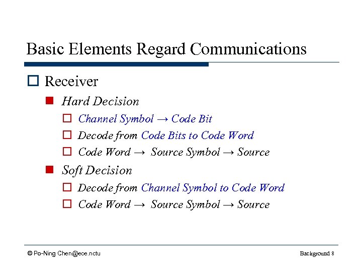 Basic Elements Regard Communications o Receiver n Hard Decision o Channel Symbol → Code