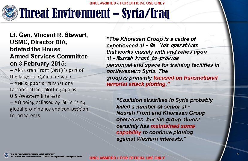 UNCLASSIFIED // FOR OFFICIAL USE ONLY Threat Environment – Syria/Iraq Lt. Gen. Vincent R.