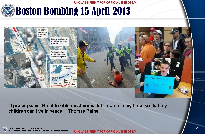 UNCLASSIFIED // FOR OFFICIAL USE ONLY Boston Bombing 15 April 2013 “I prefer peace.