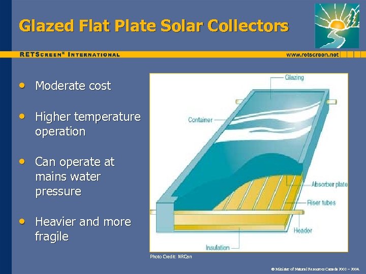 Glazed Flat Plate Solar Collectors • Moderate cost • Higher temperature operation • Can