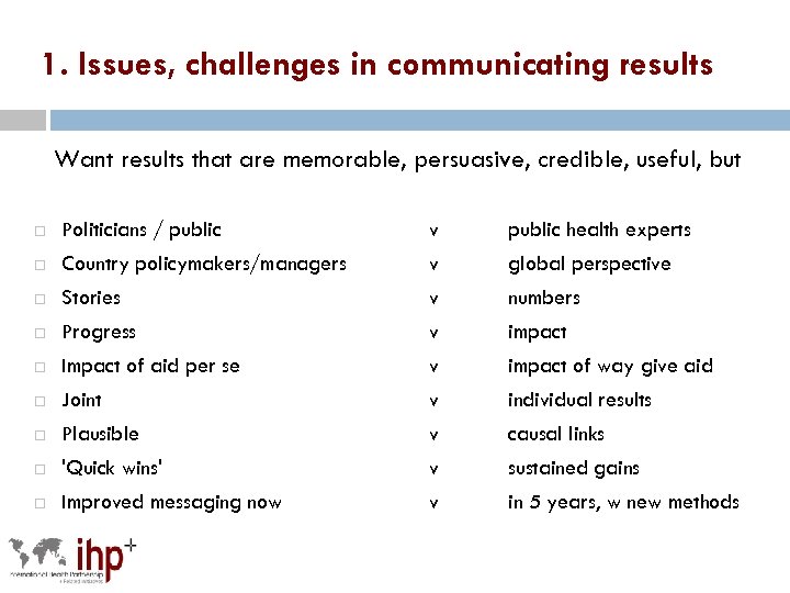 1. Issues, challenges in communicating results Want results that are memorable, persuasive, credible, useful,