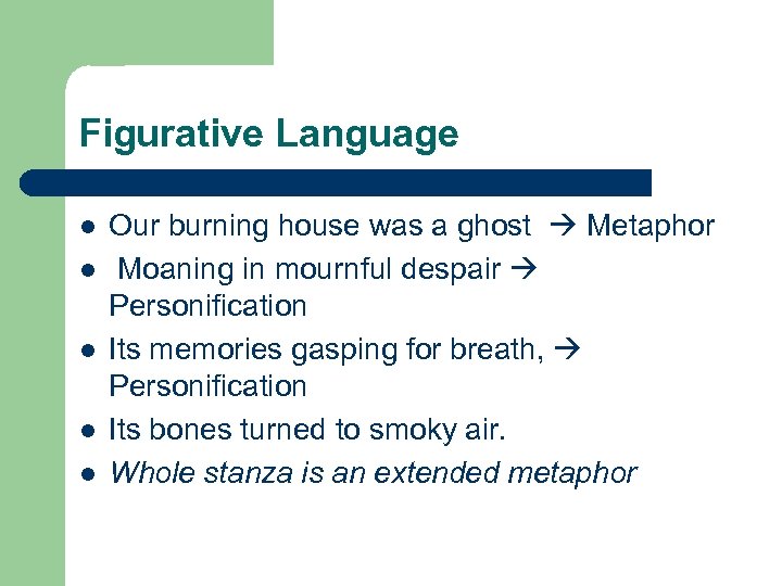 Figurative Language l l l Our burning house was a ghost Metaphor Moaning in