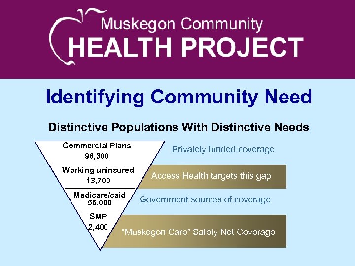 Identifying Community Need Distinctive Populations With Distinctive Needs Commercial Plans 96, 300 Working uninsured