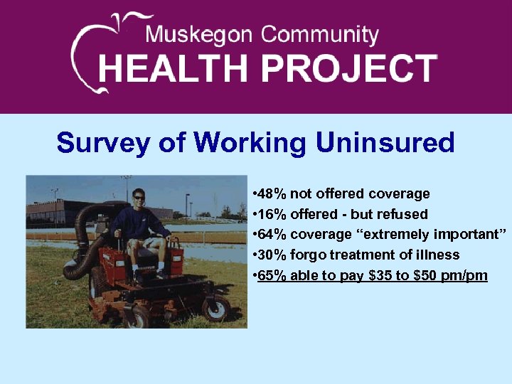 Survey of Working Uninsured • 48% not offered coverage • 16% offered - but