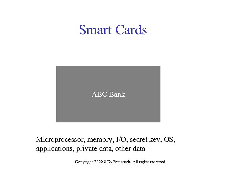 Smart Cards ABC Bank Microprocessor, memory, I/O, secret key, OS, applications, private data, other