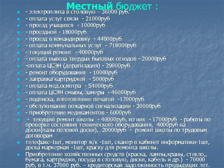 n n n n n Местный бюджет : - электроплита в столовую – 36000