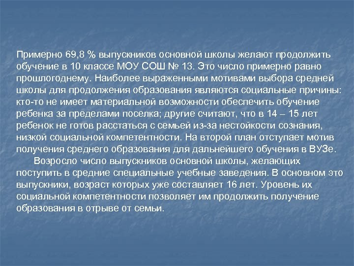 Примерно 69, 8 % выпускников основной школы желают продолжить обучение в 10 классе МОУ