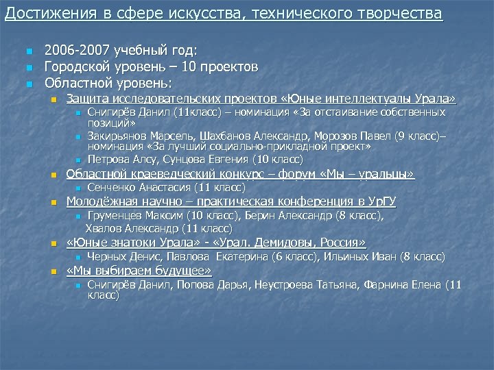 Достижения в сфере искусства, технического творчества n n n 2006 -2007 учебный год: Городской