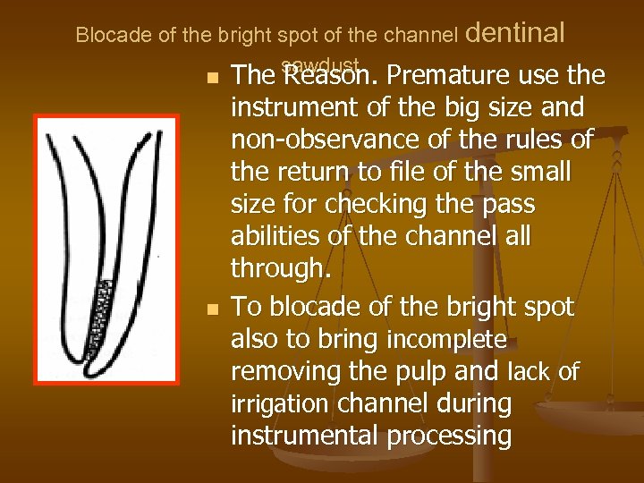 Blocade of the bright spot of the channel dentinal sawdust n The Reason. Premature
