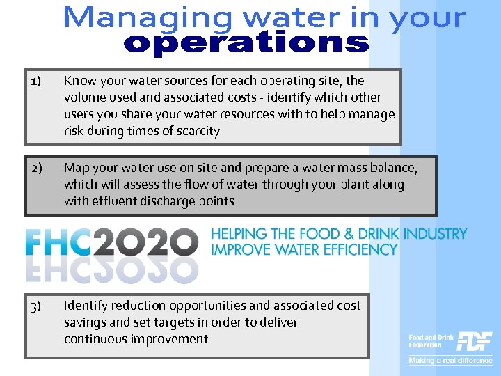 1) Know your water sources for each operating site, the volume used and associated