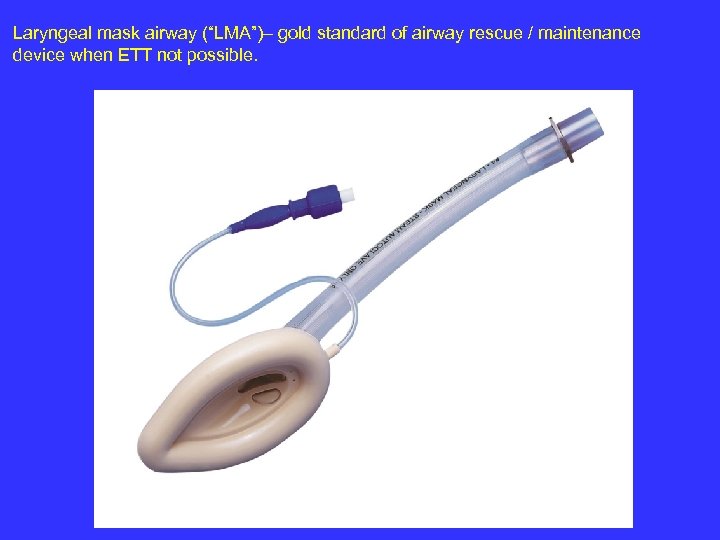 Laryngeal mask airway (“LMA”)– gold standard of airway rescue / maintenance device when ETT