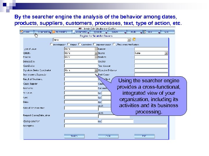 By the searcher engine the analysis of the behavior among dates, products, suppliers, customers,