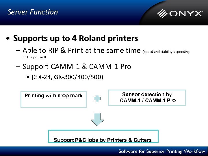 Server Function • Supports up to 4 Roland printers – Able to RIP &