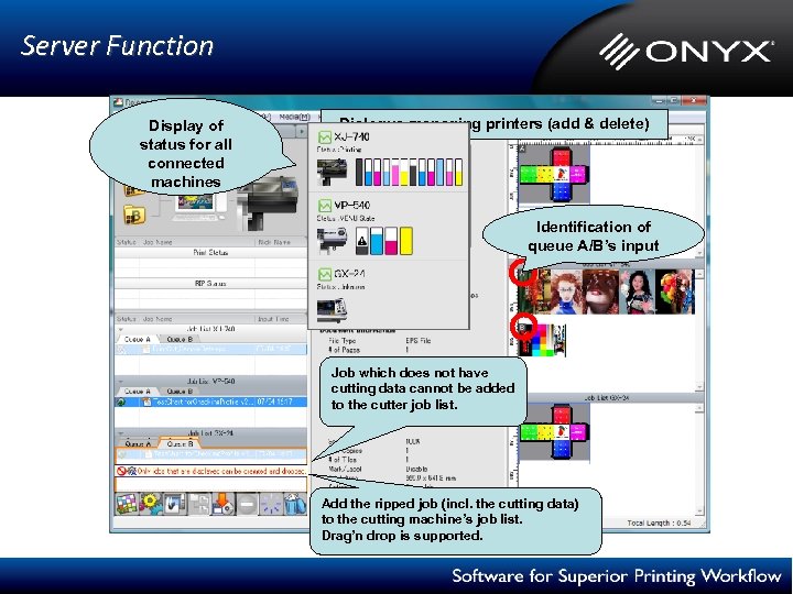 Server Function Display of status for all connected machines Dialogue managing printers (add &