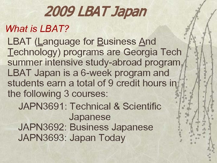 2009 LBAT Japan What is LBAT? LBAT (Language for Business And Technology) programs are