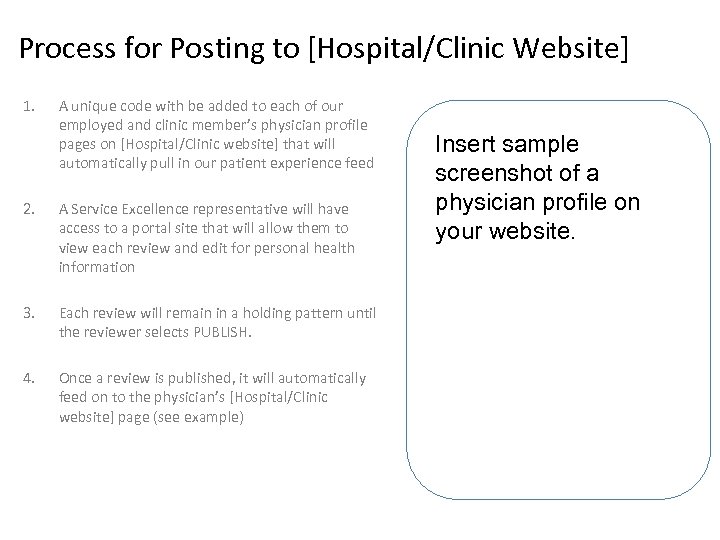 Process for Posting to [Hospital/Clinic Website] 1. A unique code with be added to